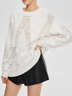 COMMENSE Sweater Tops|Sweaters & Cardigans^Plain Ripped Tassel Sweater White