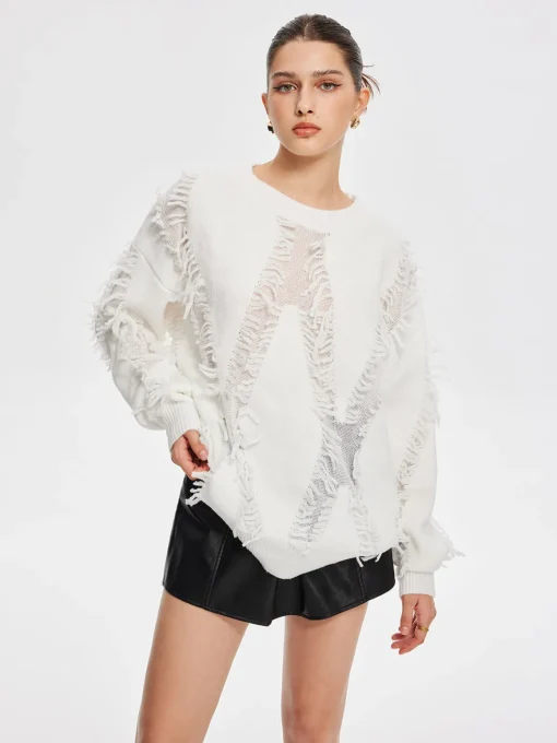 COMMENSE Sweater Tops|Sweaters & Cardigans^Plain Ripped Tassel Sweater White