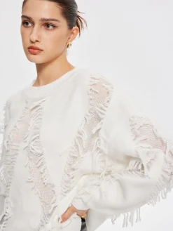 COMMENSE Sweater Tops|Sweaters & Cardigans^Plain Ripped Tassel Sweater White