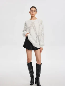 COMMENSE Sweater Tops|Sweaters & Cardigans^Plain Ripped Tassel Sweater White