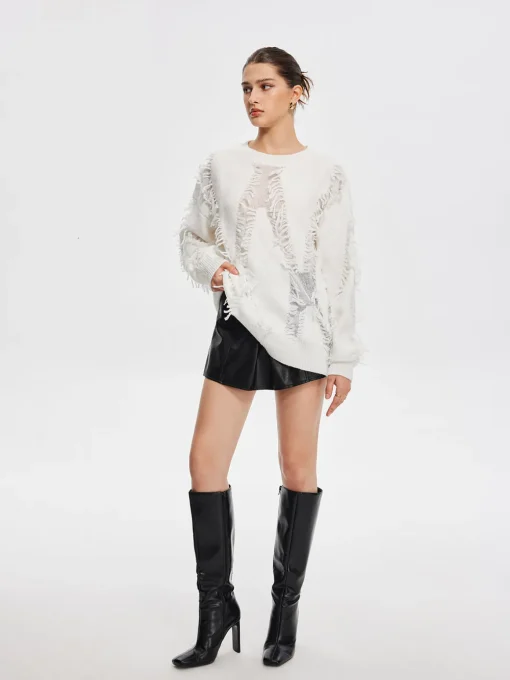 COMMENSE Sweater Tops|Sweaters & Cardigans^Plain Ripped Tassel Sweater White