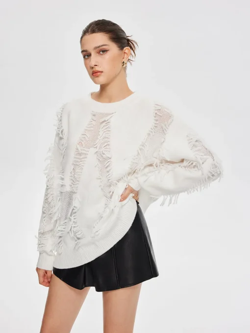 COMMENSE Sweater Tops|Sweaters & Cardigans^Plain Ripped Tassel Sweater White