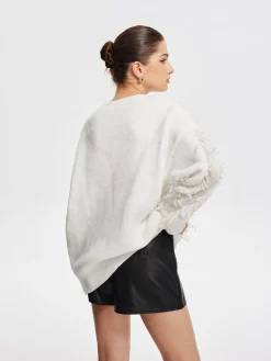 COMMENSE Sweater Tops|Sweaters & Cardigans^Plain Ripped Tassel Sweater White