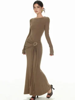 COMMENSE Sweater Dresses|Casual Dresses^Plain Ruched Slim Knit Dress Khaki
