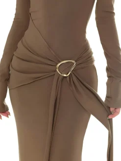 COMMENSE Sweater Dresses|Casual Dresses^Plain Ruched Slim Knit Dress Khaki