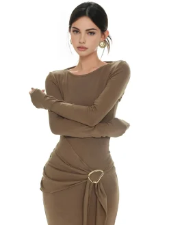 COMMENSE Sweater Dresses|Casual Dresses^Plain Ruched Slim Knit Dress Khaki