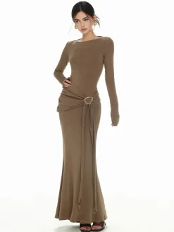 COMMENSE Sweater Dresses|Casual Dresses^Plain Ruched Slim Knit Dress Khaki