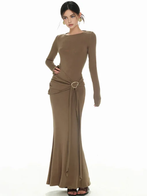 COMMENSE Sweater Dresses|Casual Dresses^Plain Ruched Slim Knit Dress Khaki