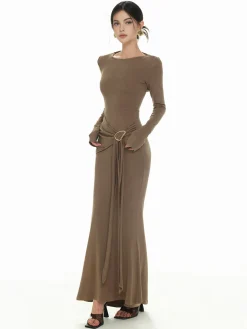 COMMENSE Sweater Dresses|Casual Dresses^Plain Ruched Slim Knit Dress Khaki