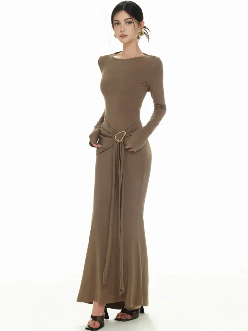 COMMENSE Sweater Dresses|Casual Dresses^Plain Ruched Slim Knit Dress Khaki