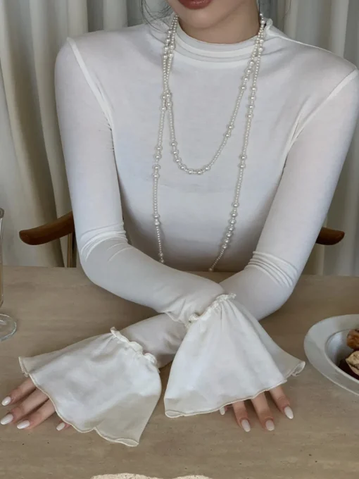 COMMENSE T-shirts|Tops^Plain Ruffle-Cuff Jersey Top White