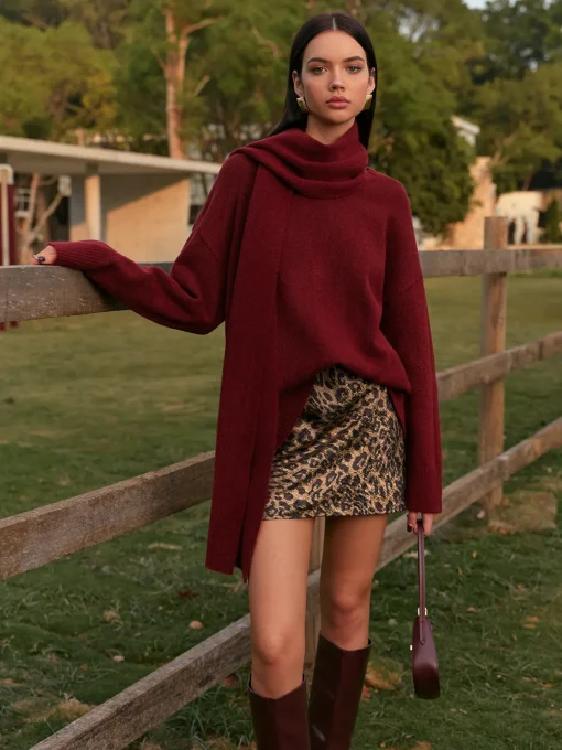 COMMENSE Knitwear|Tops^Plain Shift Sweater With Scarf Red
