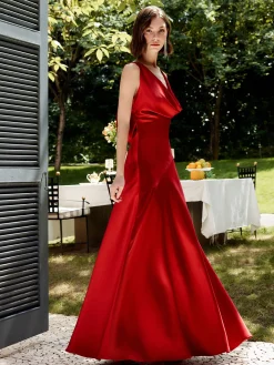 COMMENSE Cocktail & Party Dresses|Summer Dresses^Pleated Backless Satin Tank Long Dress Red