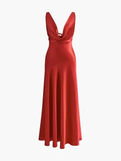 COMMENSE Cocktail & Party Dresses|Summer Dresses^Pleated Backless Satin Tank Long Dress Red