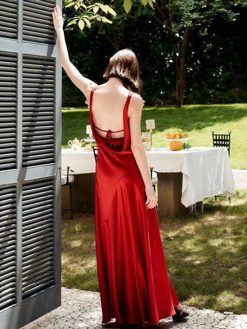 COMMENSE Cocktail & Party Dresses|Summer Dresses^Pleated Backless Satin Tank Long Dress Red