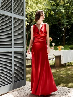 COMMENSE Cocktail & Party Dresses|Summer Dresses^Pleated Backless Satin Tank Long Dress Red