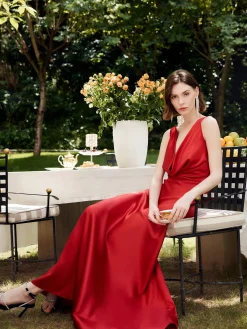 COMMENSE Cocktail & Party Dresses|Summer Dresses^Pleated Backless Satin Tank Long Dress Red