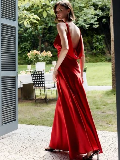 COMMENSE Cocktail & Party Dresses|Summer Dresses^Pleated Backless Satin Tank Long Dress Red