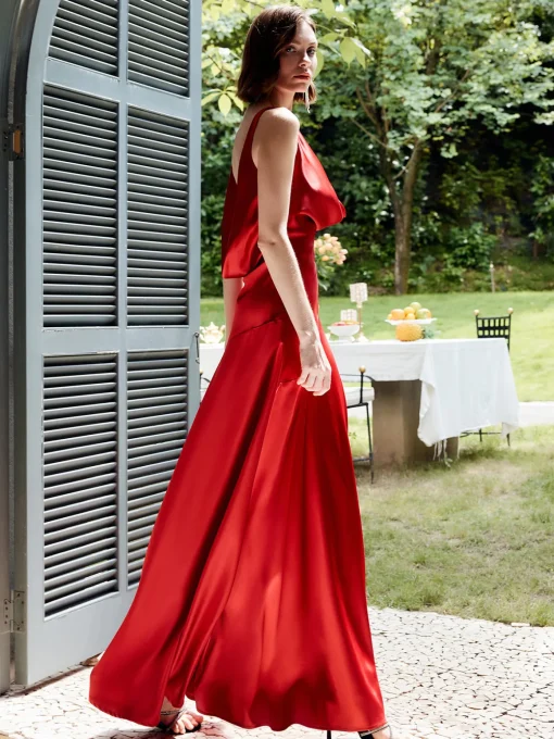 COMMENSE Cocktail & Party Dresses|Summer Dresses^Pleated Backless Satin Tank Long Dress Red