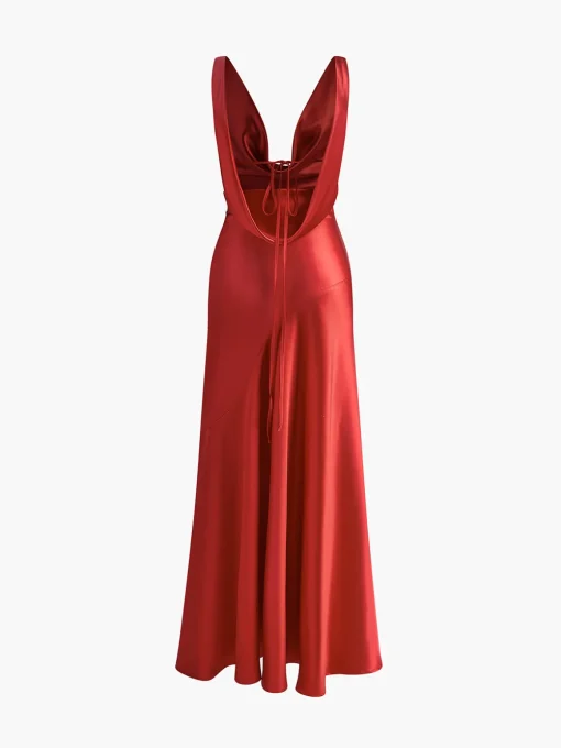 COMMENSE Cocktail & Party Dresses|Summer Dresses^Pleated Backless Satin Tank Long Dress Red