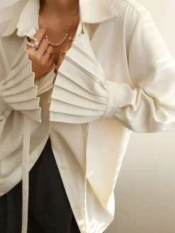 COMMENSE Blouses & Shirts|Tops^Pleated Cuff Collar Tied Button Shirt Off-White