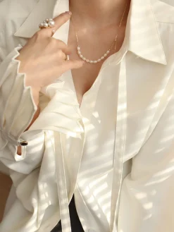 COMMENSE Blouses & Shirts|Tops^Pleated Cuff Collar Tied Button Shirt Off-White