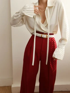 COMMENSE Blouses & Shirts|Tops^Pleated Cuff Collar Tied Button Shirt Off-White