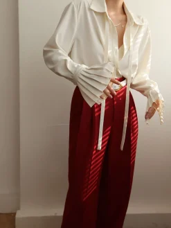 COMMENSE Blouses & Shirts|Tops^Pleated Cuff Collar Tied Button Shirt Off-White