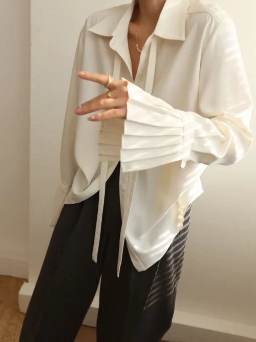 COMMENSE Blouses & Shirts|Tops^Pleated Cuff Collar Tied Button Shirt Off-White