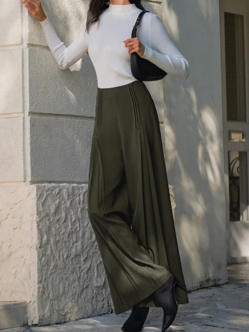 COMMENSE Pants|Bottoms^Pleated Design Wide-Leg Pants ArmyGreen
