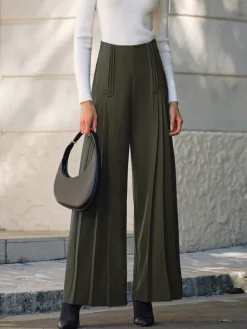 COMMENSE Pants|Bottoms^Pleated Design Wide-Leg Pants ArmyGreen