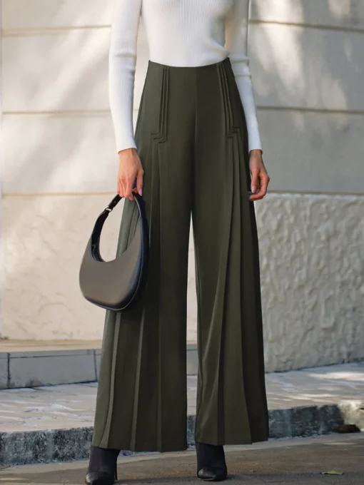 COMMENSE Pants|Bottoms^Pleated Design Wide-Leg Pants ArmyGreen