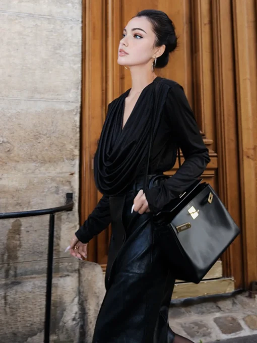 COMMENSE T-shirts|Tops^Pleated Drape Neck Shirt Black