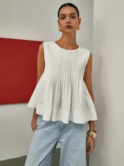 COMMENSE Blouses & Shirts|Tops^Pleated Peplum Sleeveless Blouse White