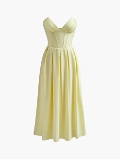 COMMENSE Dresses^Pleated Piping Zipper Tube Dress Yellow