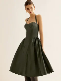 COMMENSE Dresses^Pleated PU Leather Cami Dress Green