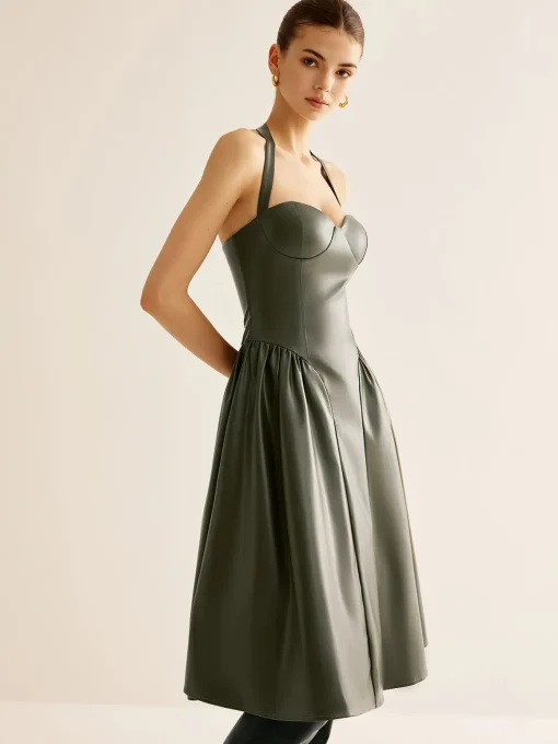 COMMENSE Dresses^Pleated PU Leather Cami Dress Green
