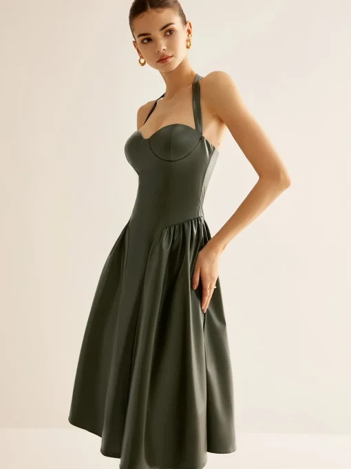 COMMENSE Dresses^Pleated PU Leather Cami Dress Green
