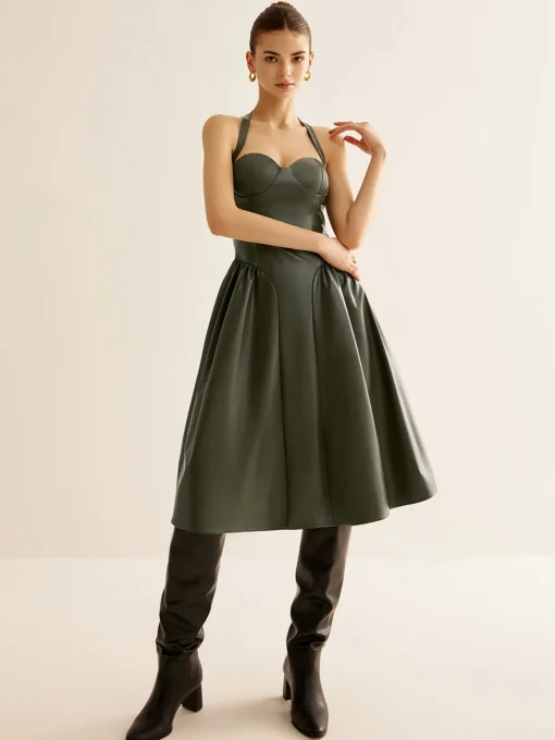COMMENSE Dresses^Pleated PU Leather Cami Dress Green
