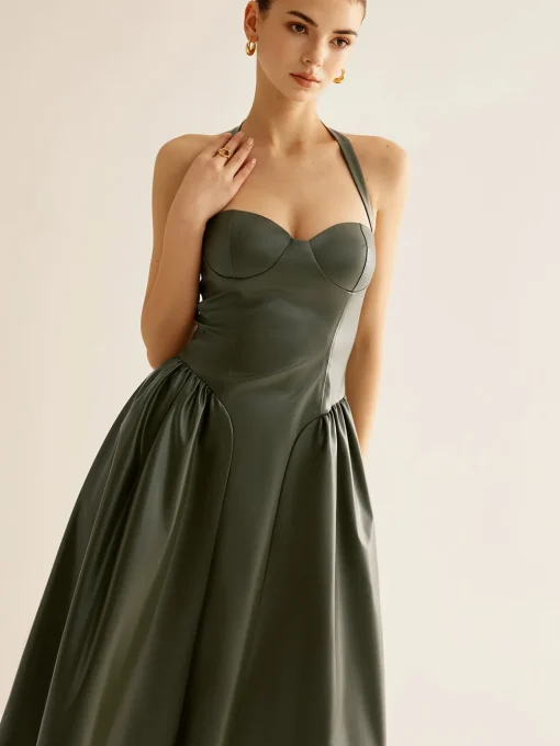 COMMENSE Dresses^Pleated PU Leather Cami Dress Green