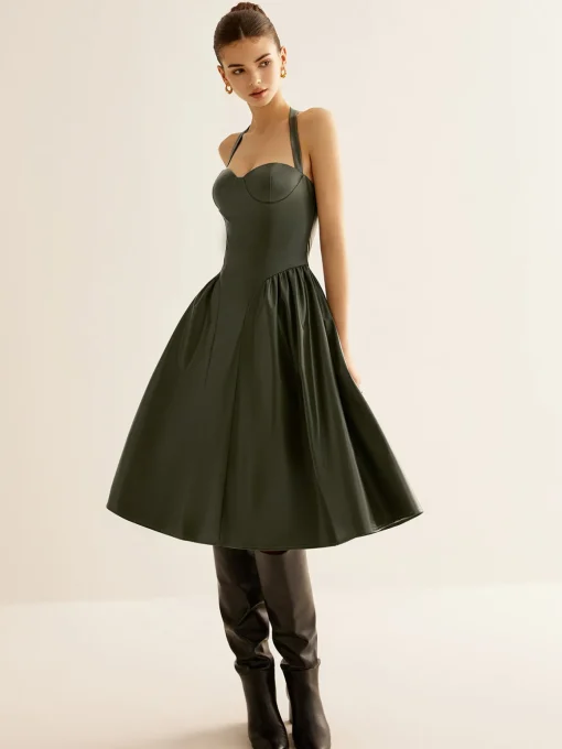 COMMENSE Dresses^Pleated PU Leather Cami Dress Green