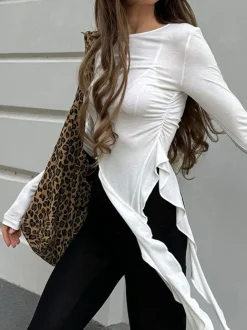 COMMENSE T-shirts|Tops^Pleated Ruffle Tassel Jersey Top White