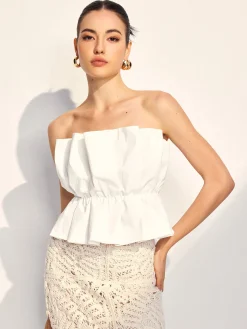 COMMENSE Tank Tops & Camis|Tops^Pleated Ruffle Trim Tube Top White