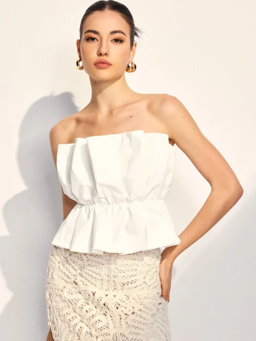 COMMENSE Tank Tops & Camis|Tops^Pleated Ruffle Trim Tube Top White