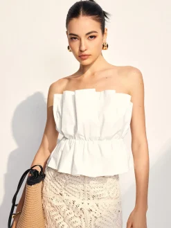 COMMENSE Tank Tops & Camis|Tops^Pleated Ruffle Trim Tube Top White