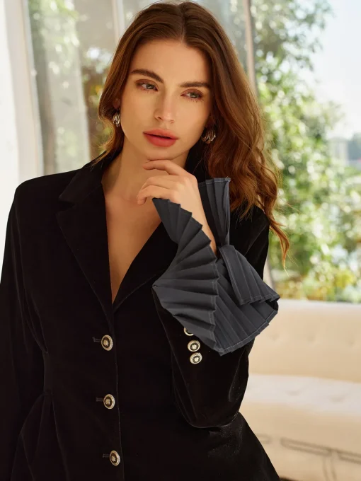 COMMENSE Skirt Sets|Long Sleeve Sets^Pleated Ruffle-Cuff Velvet Skirt Set Black