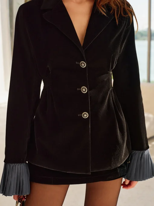 COMMENSE Skirt Sets|Long Sleeve Sets^Pleated Ruffle-Cuff Velvet Skirt Set Black