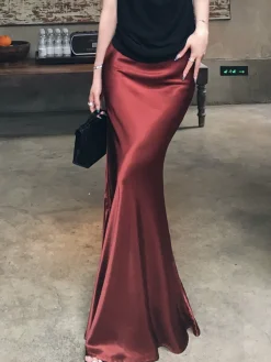 COMMENSE Skirts|Bottoms^Pleated Satin Maxi Skirt Burgundy