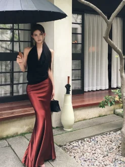 COMMENSE Skirts|Bottoms^Pleated Satin Maxi Skirt Burgundy