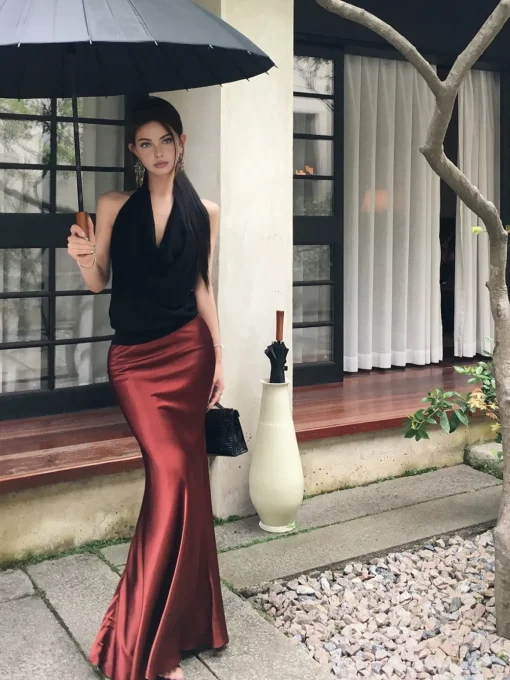 COMMENSE Skirts|Bottoms^Pleated Satin Maxi Skirt Burgundy